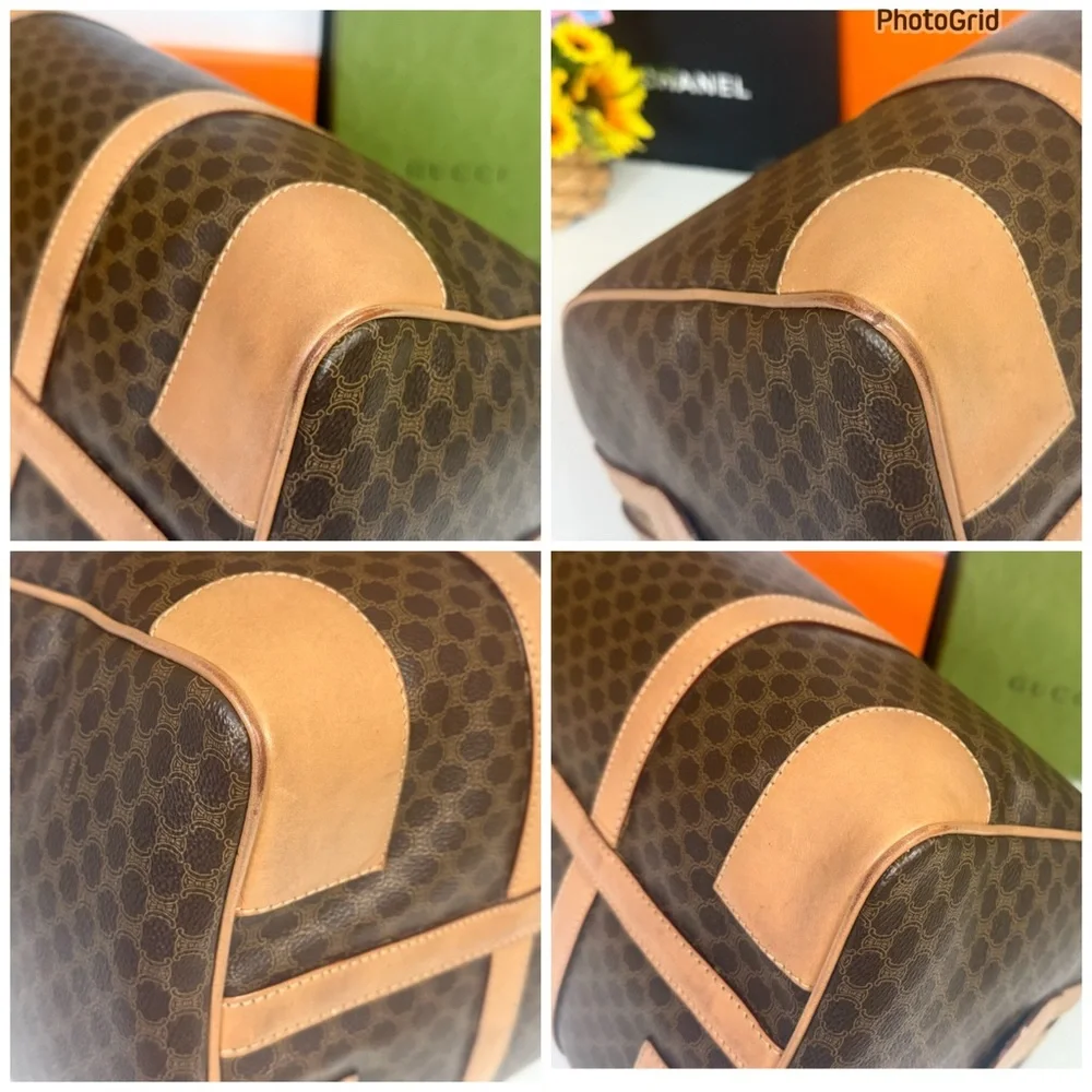 Auth CÈLINE Preowned EUC Tan and Brown Macadam Patterned Boston Bag with🔐
